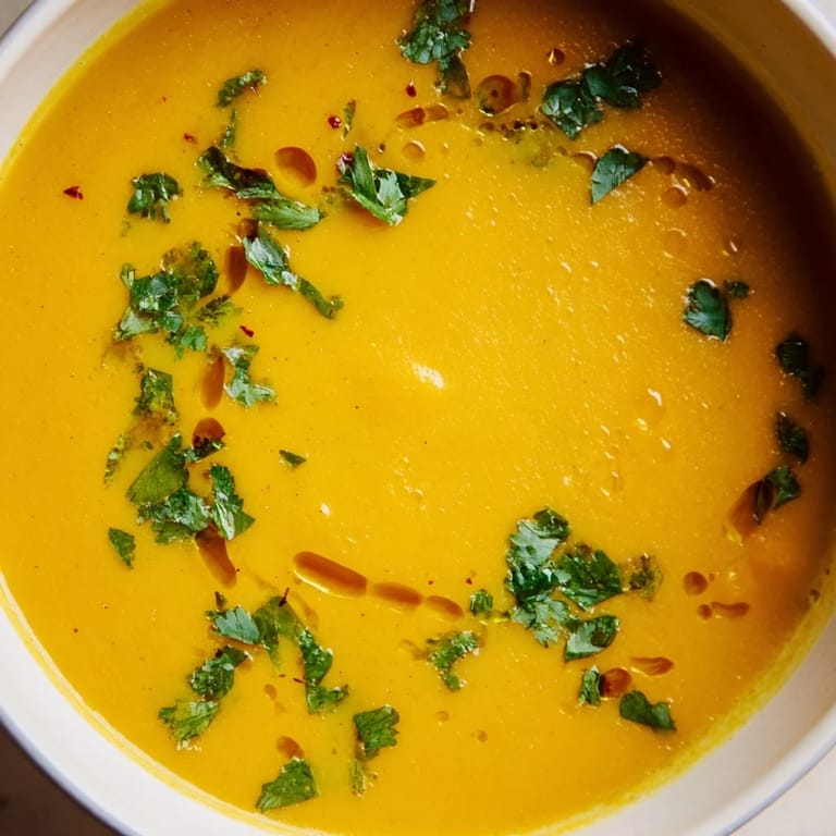 Bright, cozy bowl of butternut squash and lentil soup with a drizzle of olive oil and warm spice steam rising.