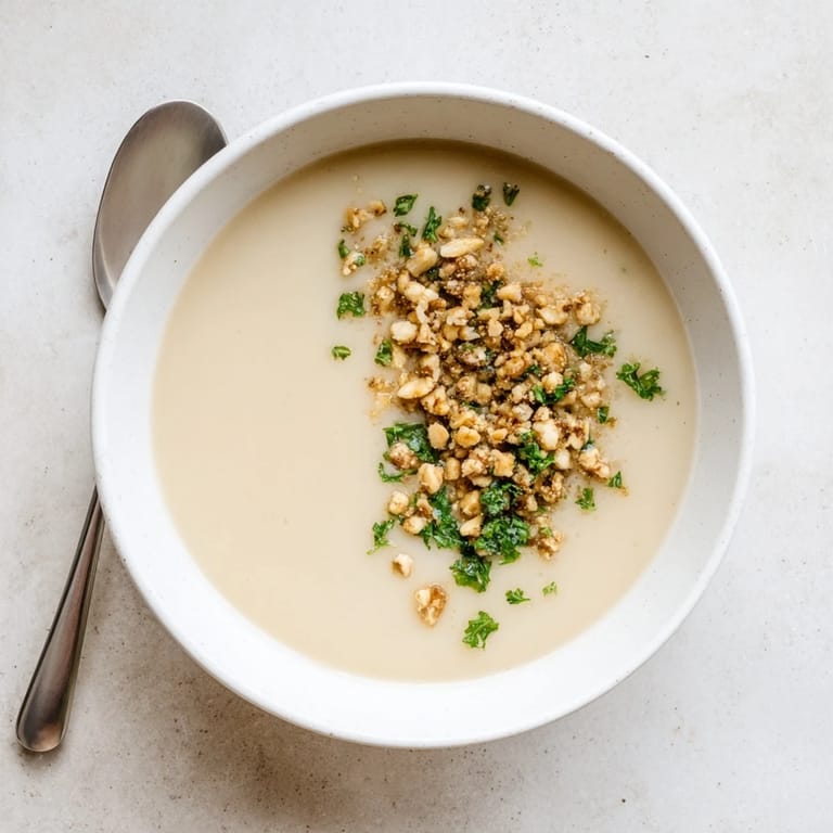 Celeriac Soup with Hazelnut Crumble glows golden, a creamy puree garnished with buttery nuts for cozy, vegetarian comfort.  