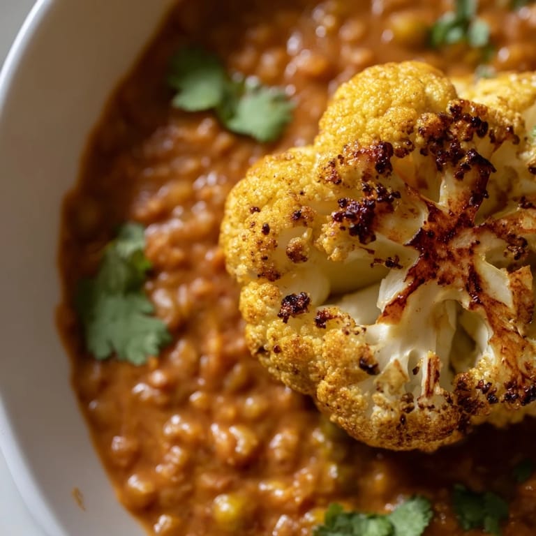 Vibrant Indian-inspired dhal with tender cauliflower roasted in olive oil and cumin seeds, steaming alongside a hearty red lentil stew.