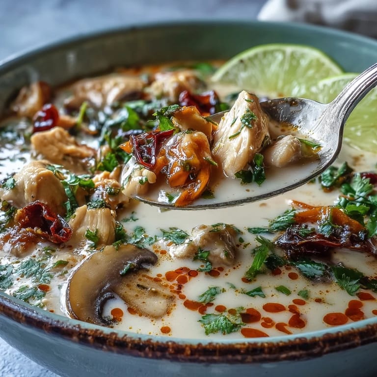 A close-up of Thai Coconut Curry Soup reveals tender chicken pieces and colorful sliced carrots.