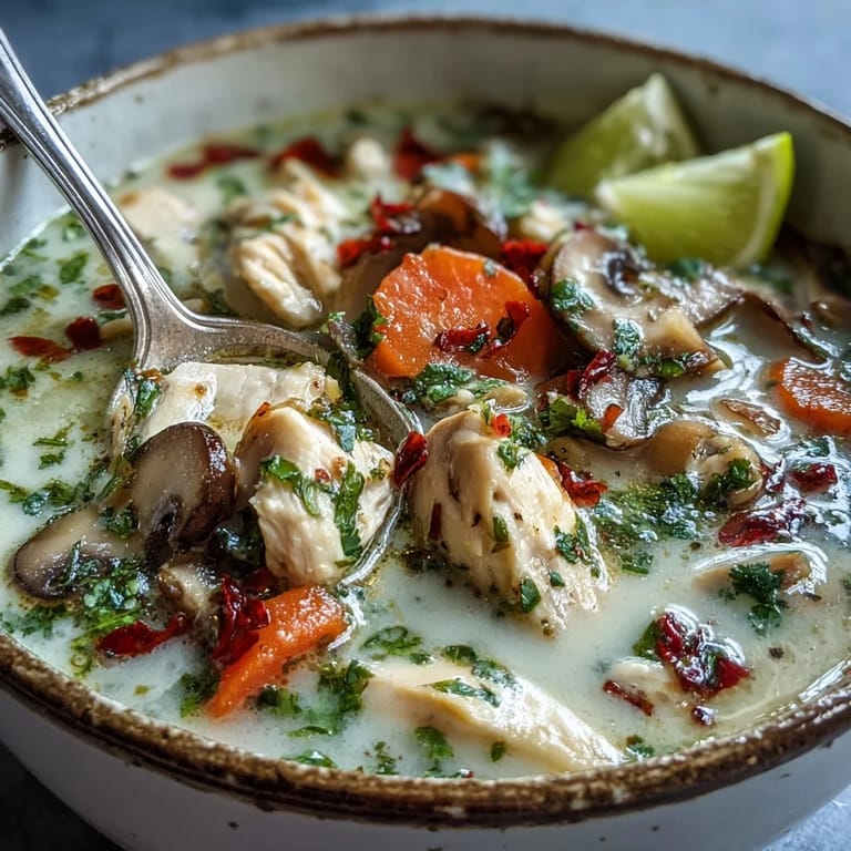 Fresh cilantro and lime wedges garnish a bowl of Thai Coconut Curry Soup for serving.