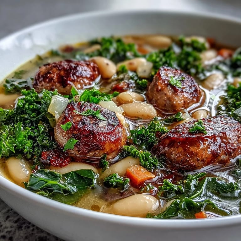 Close-up of Italian White Bean Soup with Kale and Sausage, highlighting rich broth and crusty bread for dipping.