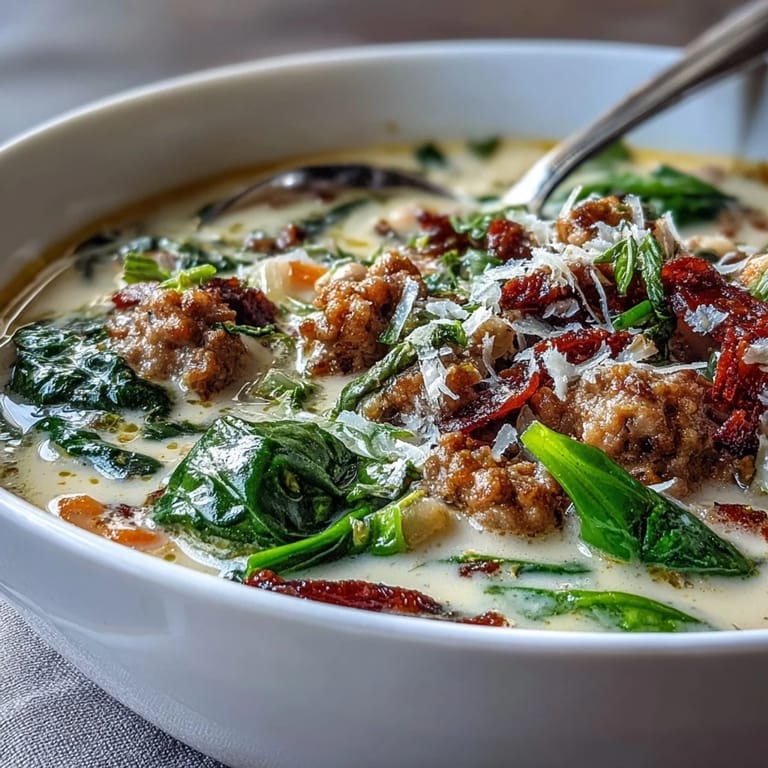 A spoon lifting Epic Creamy Tuscan White Bean Soup With Sausage, revealing tender beans, crumbled sausage, and wilted spinach.