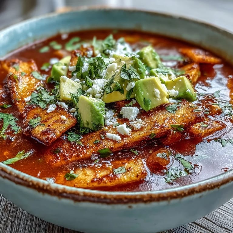 Sopa Azteca is served steaming in a rustic bowl, featuring creamy panela, avocado, and fresh cilantro garnish.