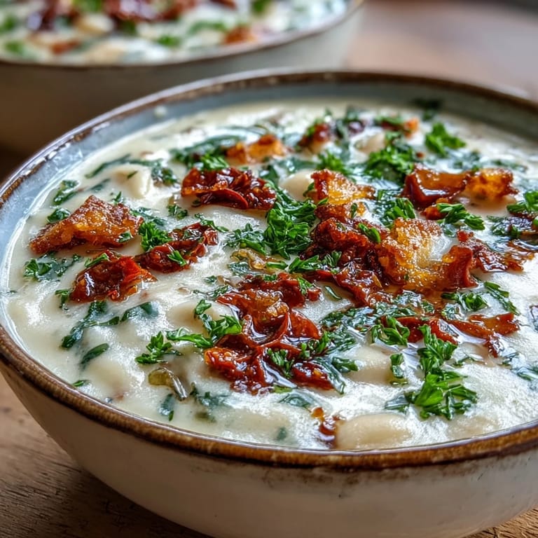 Rich Creamy Tuscan White Bean Soup served in a cozy Italian-style bowl topped with fresh basil.