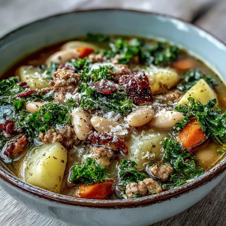 Steaming Tuscan White Bean Sausage Soup simmered in a Dutch oven, featuring tender potatoes and aromatic Italian herbs in rich broth.