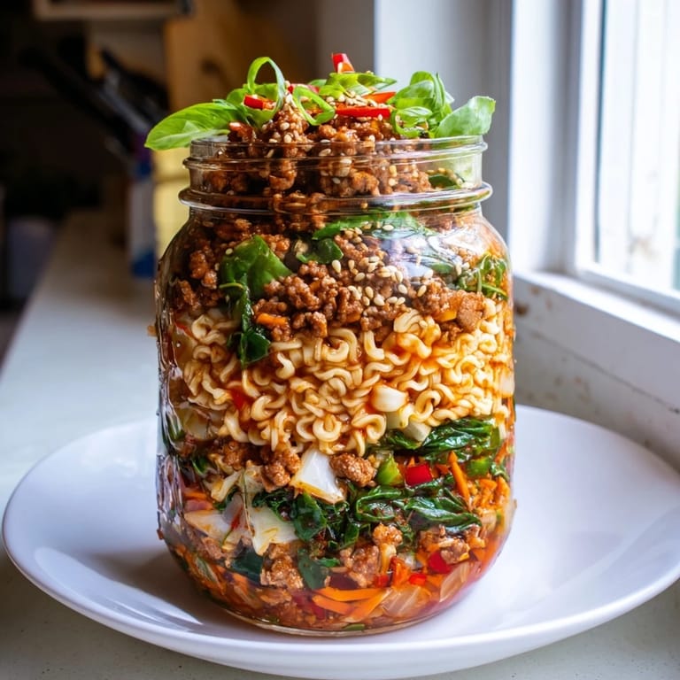 Comforting Spicy Ramen Lasagne Soup Jars served warm, garnished with fresh herbs and chili.  
