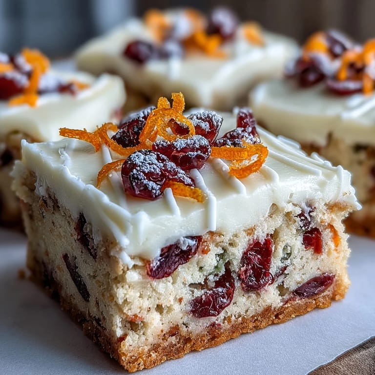 Holiday Cranberry Bliss Bars topped with orange zest cream cheese frosting, white chocolate drizzle, and dried cranberries served on a white plate.