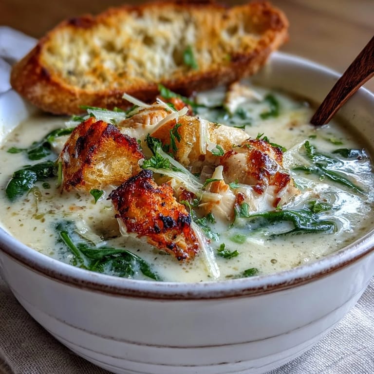 Close-up of Garlic Parmesan Chicken Soup in a cozy kitchen setting, fresh herbs and crusty bread on the side.