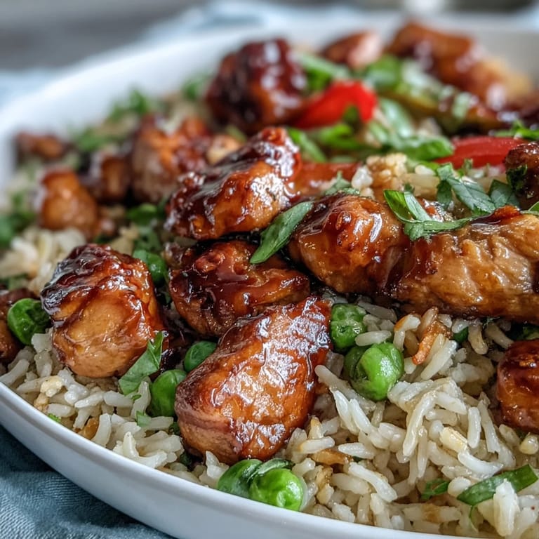 Vibrant bell peppers and peas mixed into glazed One-Pan Bold Honey BBQ Chicken Rice, garnished with fresh herbs.