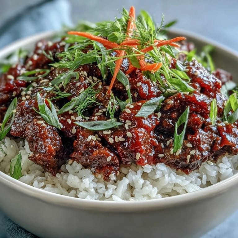 Spicy Korean Beef Bowl served over cauliflower rice, topped with crunchy carrots and fresh green onions for low-carb dinner.