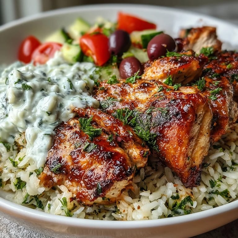 Greek chicken bowl ingredients neatly arranged: seasoned chicken, herbed rice, fresh salad, olives, and tzatziki for meal prep.
