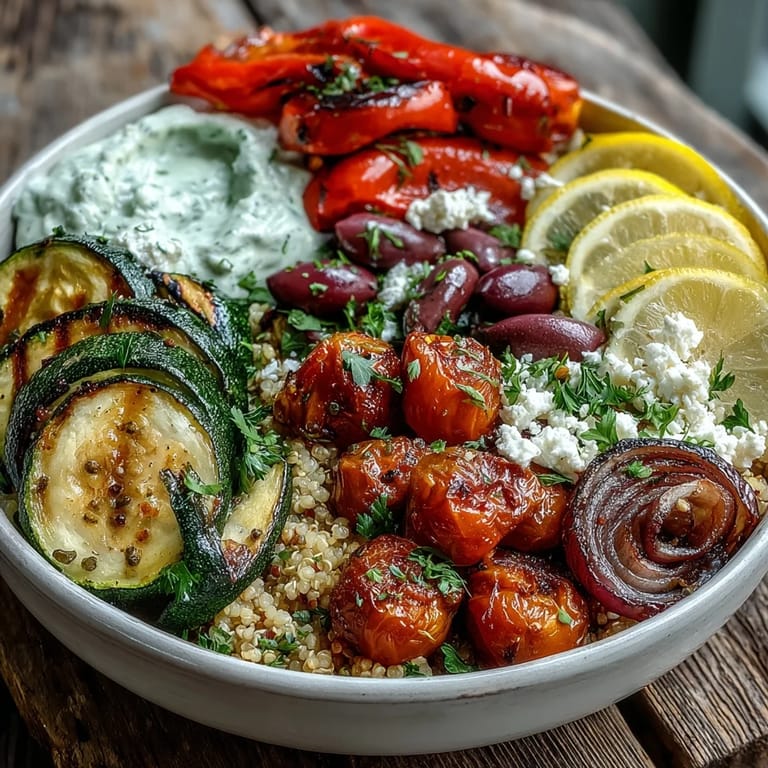 A vibrant Mediterranean Buddha Bowl features golden roasted vegetables, hearty chickpeas, olives, and crumbled feta over a bed of quinoa.  