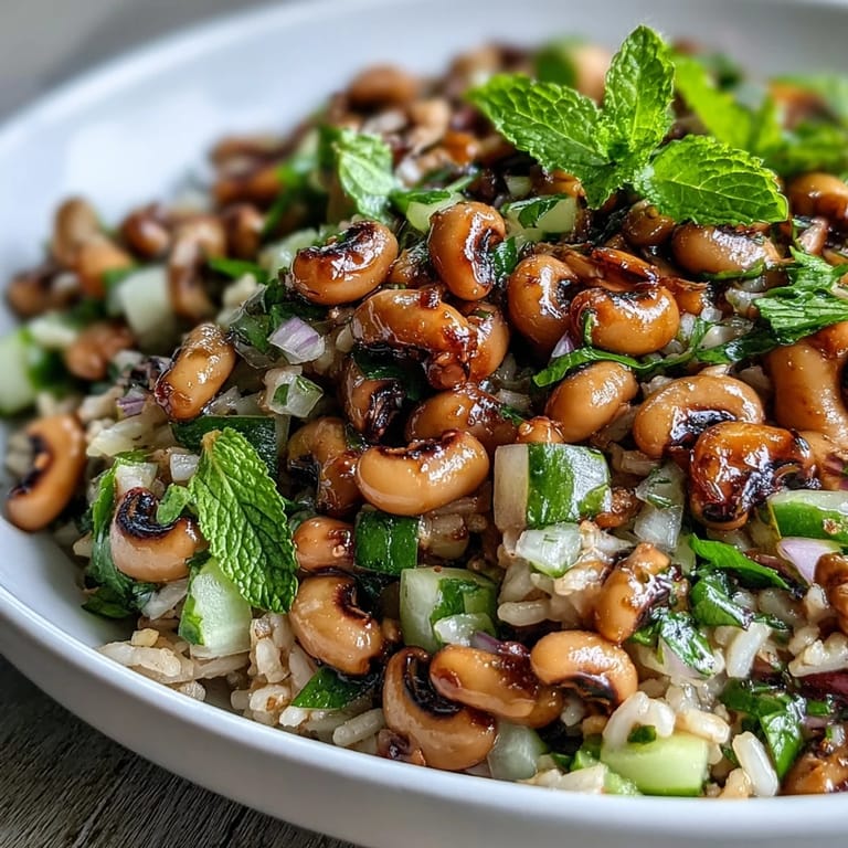 Vibrant, easy Southern Black Eyed Pea Salad with brown rice and fresh mint, served as a healthy vegetarian summer side.