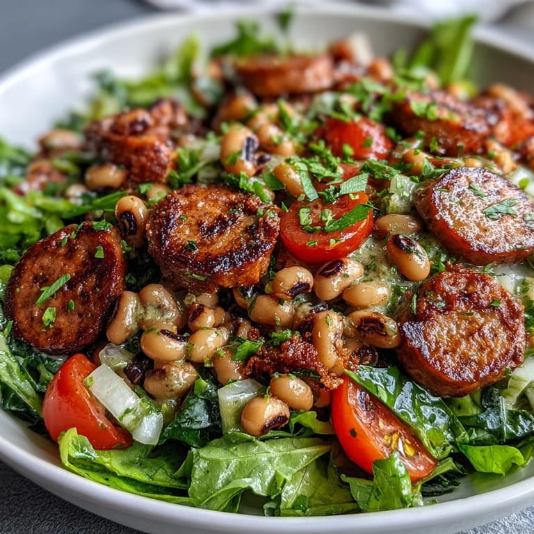 Vibrant Hoppin John Style Black-Eyed Pea Salad with turkey sausage and mustard dressing on a rustic wooden table.