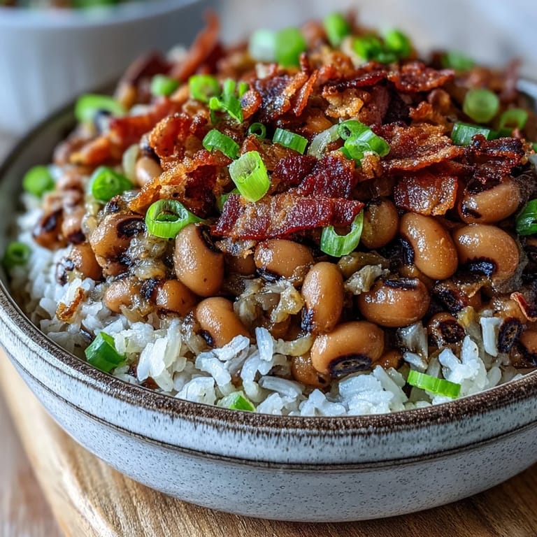 A rustic bowl of Hoppin' John with tender black-eyed peas and rice, ready to be served with cornbread.