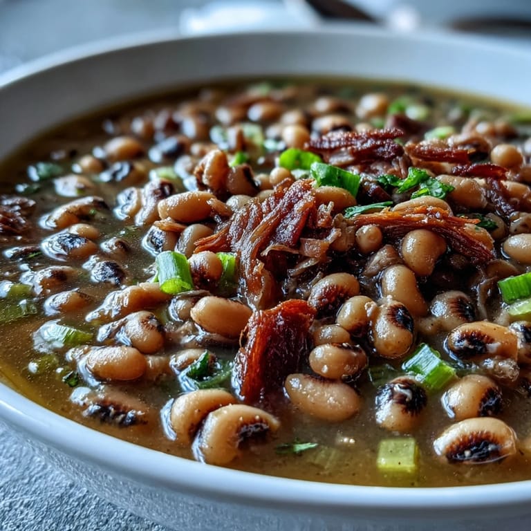 Hearty Southern Classic New Years Black-Eyed Peas stew served in a cast-iron pot, ready to be enjoyed with cornbread and hot sauce.