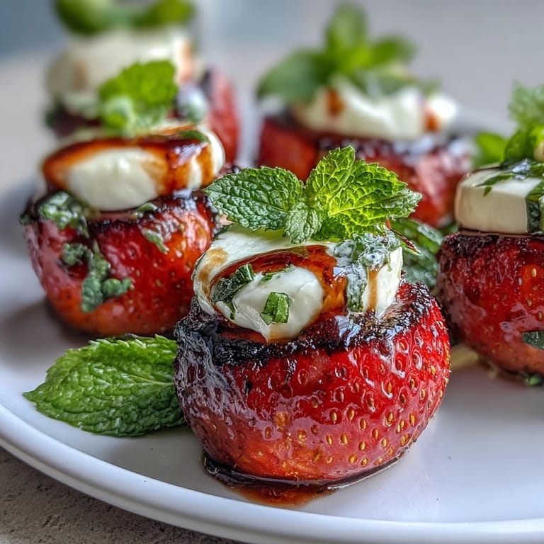 Strawberry Caprese Skewers with Balsamic Drizzle: Juicy strawberry and creamy mozzarella bites, accented by fragrant basil and finished with a glossy balsamic glaze.  