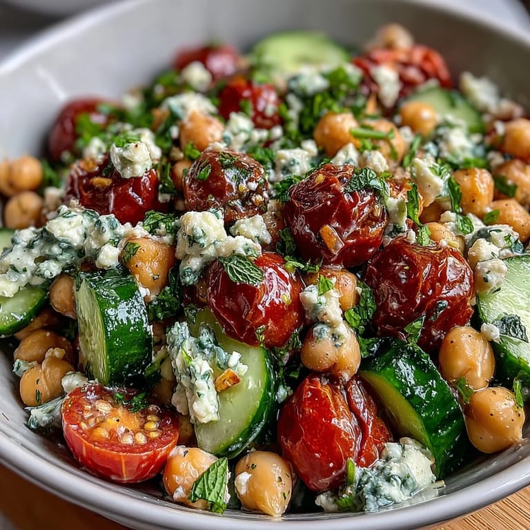 A Mediterranean-inspired cucumber chickpea salad featuring crisp vegetables, protein-rich chickpeas, and a zesty lemon-Dijon dressing, perfect for lunch or dinner.  