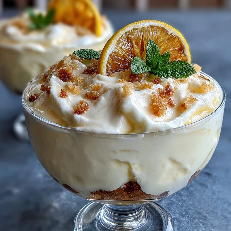 Bright lemon mousse layered over crisp shortbread crumble, garnished with fresh berries and mint.