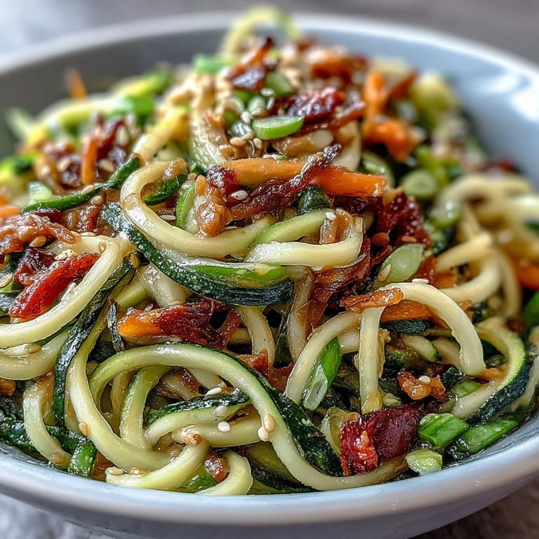 A quick, healthy zucchini noodle stir-fry topped with a savory peanut sauce, garnished with crunchy roasted peanuts and fresh cilantro.