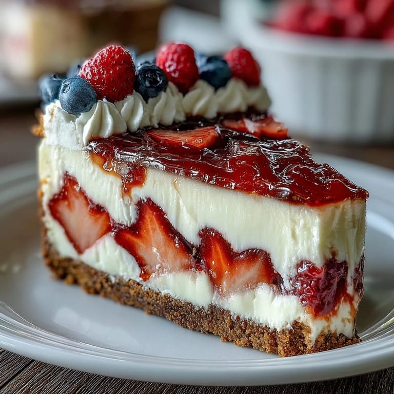 Creamy no-bake cheesecake decorated with vibrant red berries and blueberries to resemble the American flag, perfect for summer gatherings.