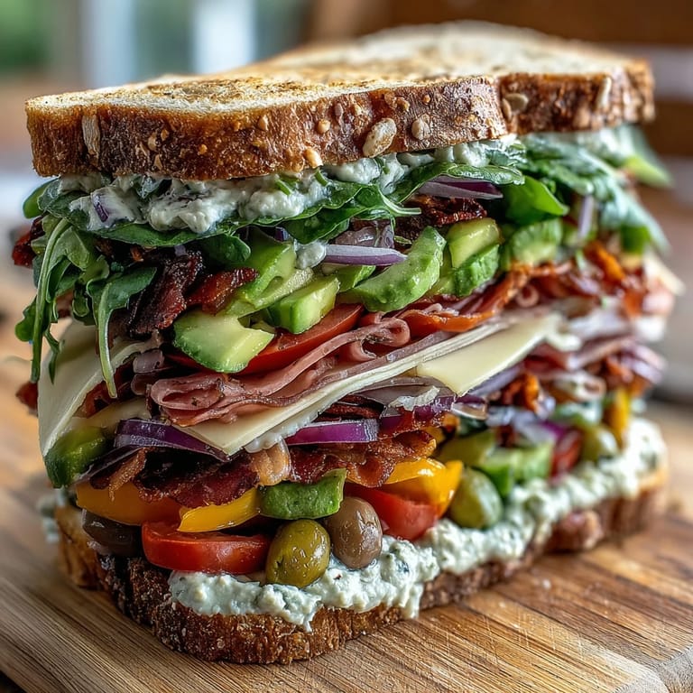 Picnic-ready loaded deli sandwich board with ciabatta, meats, cheeses, spreads, and fresh toppings for everyone to enjoy.
