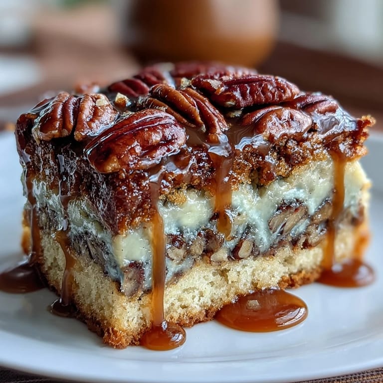 Golden pecan pie bars with bourbon glaze, cut into squares and arranged on a rustic wooden serving board.