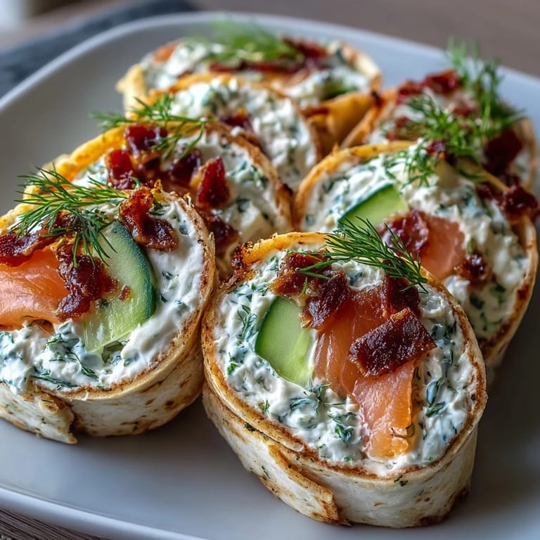 Elegant smoked salmon pinwheels featuring tangy cream cheese, fresh cucumber, and dill wrapped in flour tortillas.