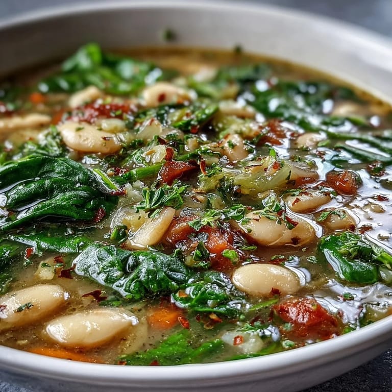 Warm Tuscan bean soup featuring cannellini beans, spinach, and vegetables—perfect for a light vegetarian meal.