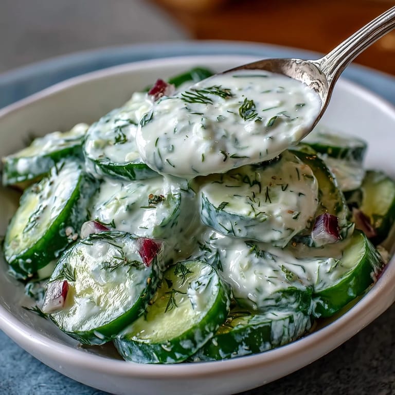 Refreshing Creamy Cucumber Dill Salad featuring thinly sliced cucumbers and red onion, tossed in a cool, creamy herb dressing.  