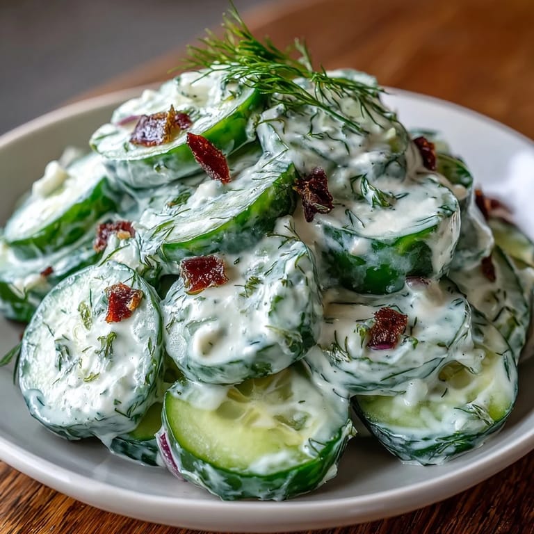 Chilled Creamy Cucumber Dill Salad, a light vegetarian side dish with vibrant dill and crisp vegetables, ideal for warm weather meals.