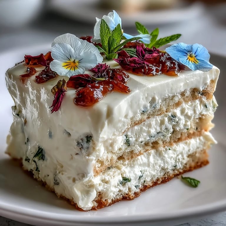 Layered lemon curd cake decorated with pressed edible flowers, perfect for spring celebrations and garden parties.