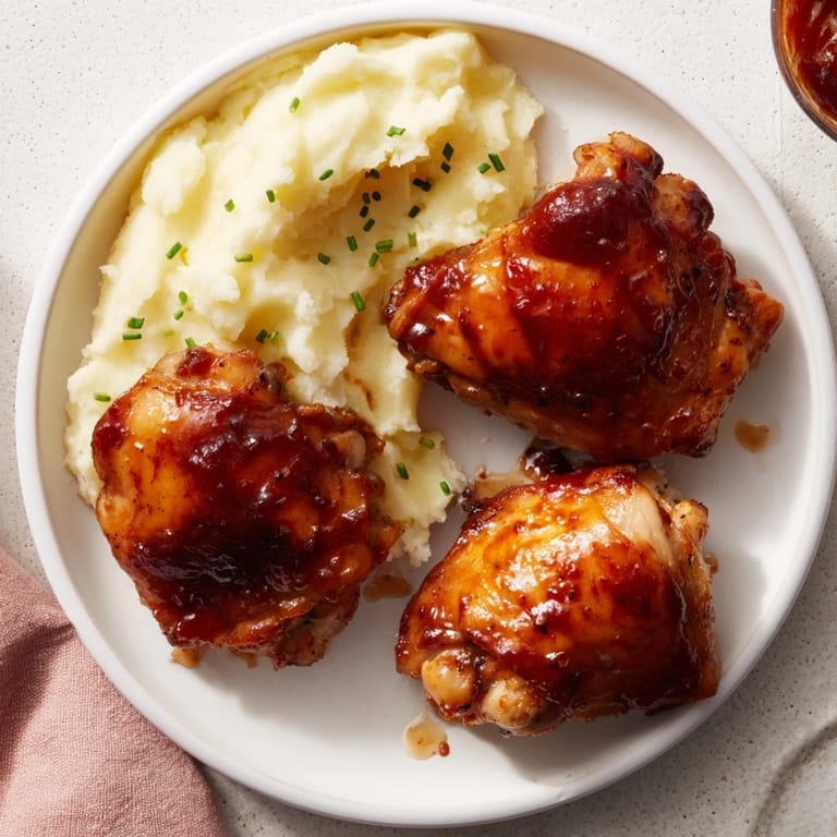 Tender, juicy honey BBQ chicken thighs, glistening with sauce, paired with creamy mashed potatoes, a comforting dinner.