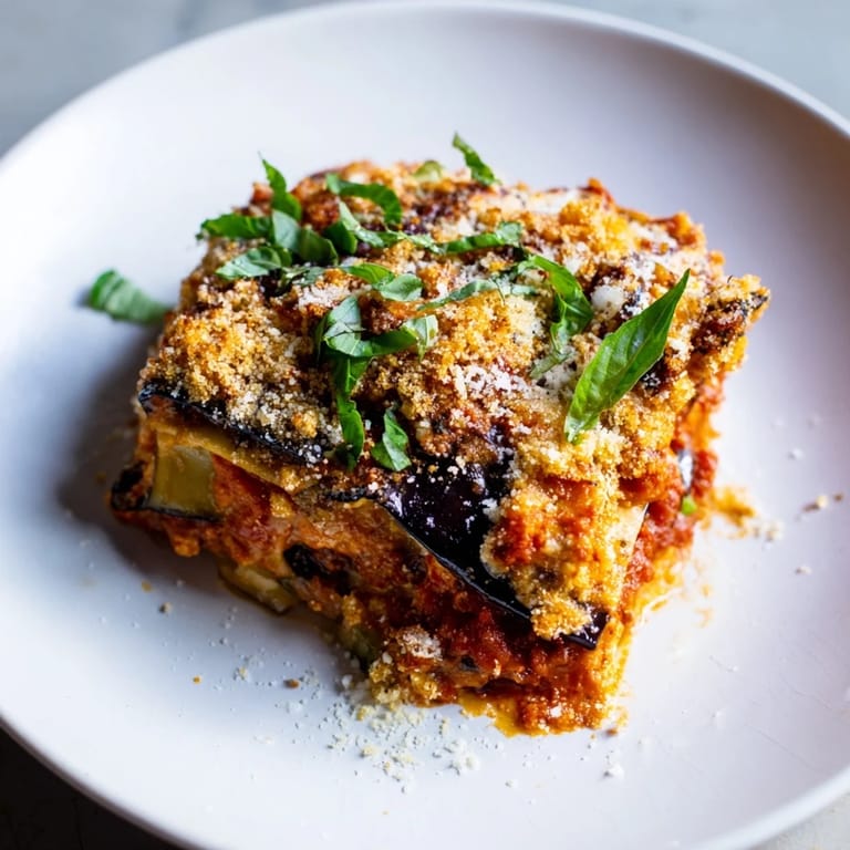 Steaming hot Eggplant Parmesan Lasagna with crispy fried eggplant, perfect for a cozy, delicious dinner.