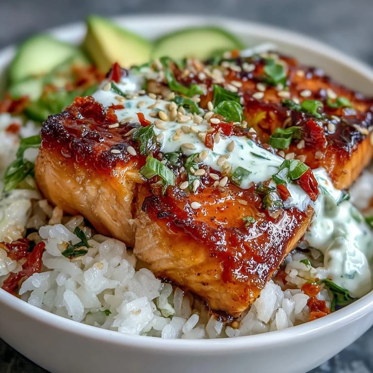 Fluffy white rice topped with savory salmon, vibrant cucumber slices, and a zesty spicy mayo sauce, garnished with green onions and sesame.  