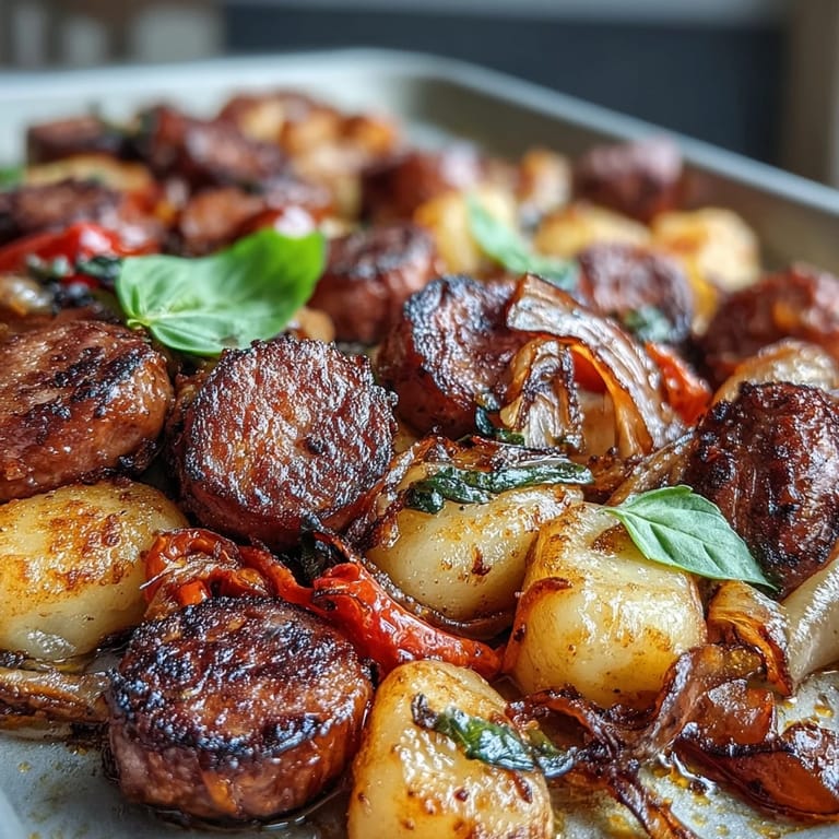 Flavorful one-pan meal of gnocchi, sausage, and peppers, oven-roasted until the gnocchi are crisp and the peppers are tender and sweet.