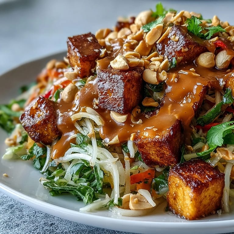 Fresh Thai Mango Salad with golden tofu, crunchy peanuts, and bright flavors.