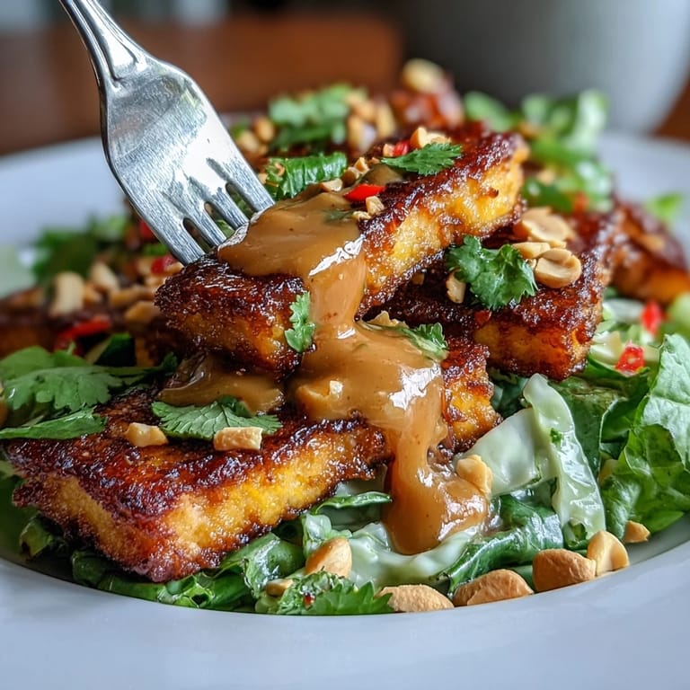 Beautiful Thai Mango Salad bowl topped with savory crispy tofu and dressing.