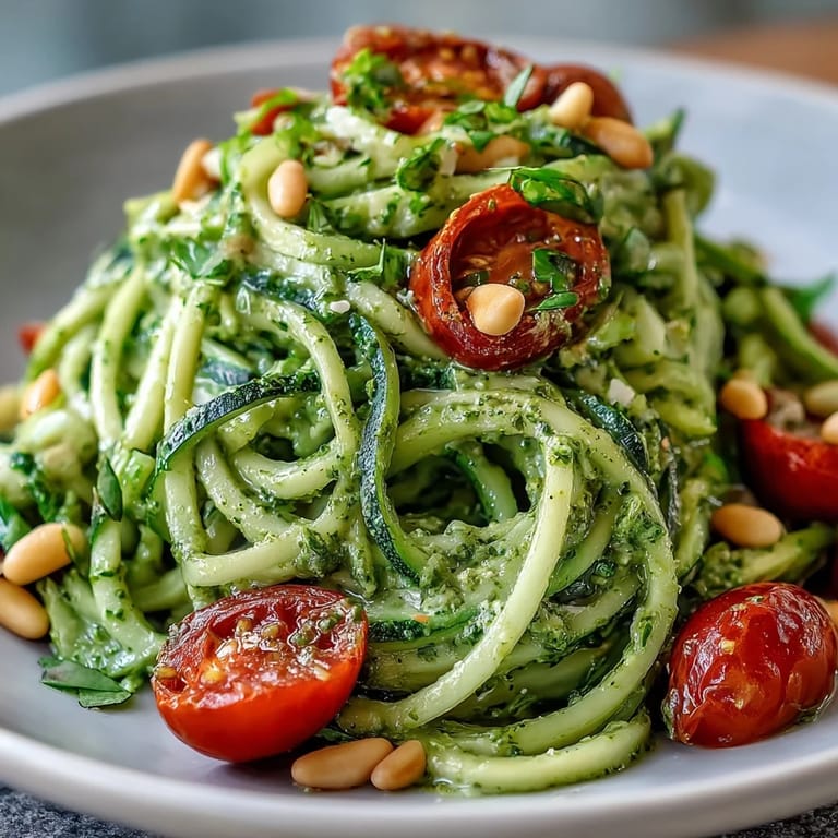 Fresh Zucchini Noodles with Avocado Pesto ready to be served with toasted pine nuts.