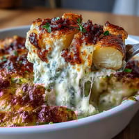 Classic cheesy scalloped potatoes with creamy sauce and golden cheese topping, perfect for family dinners.