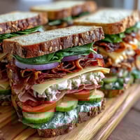 Loaded deli sandwich board with assorted meats, cheeses, and fresh vegetables arranged for easy self-service.