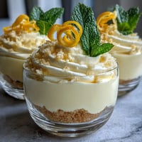 Elegant lemon mousse cups with buttery shortbread cookies, garnished with fresh berries and mint.