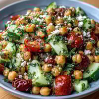 A vibrant cold chickpea salad with lemon herbs, cherry tomatoes, and crisp cucumbers in a tangy dressing.
