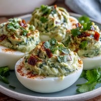 Creamy guacamole filling piped into classic deviled egg whites, garnished with smoked paprika and fresh cilantro.