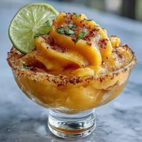 Fruity Spicy Mango Margarita Slushie pictured with vibrant chili-lime rim.
